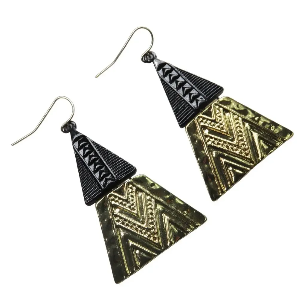 1980s Vintage Funky Gold & Black Tribal Aztec Geometric Triangle Earrings