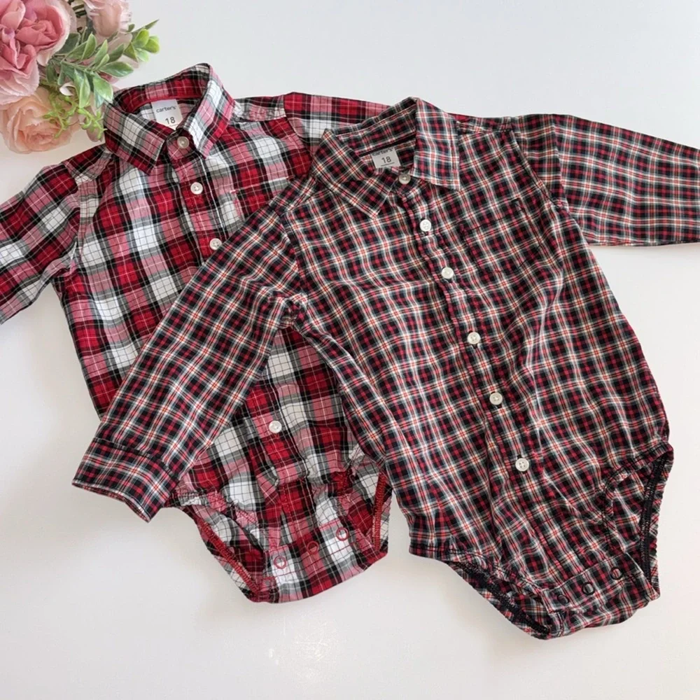Carter’s 18M Long Sleeve Button Down Shirt Bodysuit snap bottom 18M Christmas