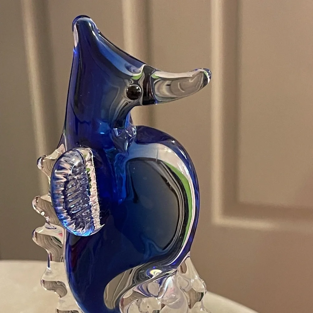 Blue Art Glass Seahorse Figurine or Paperweight Cobalt/Clear Blown Glass