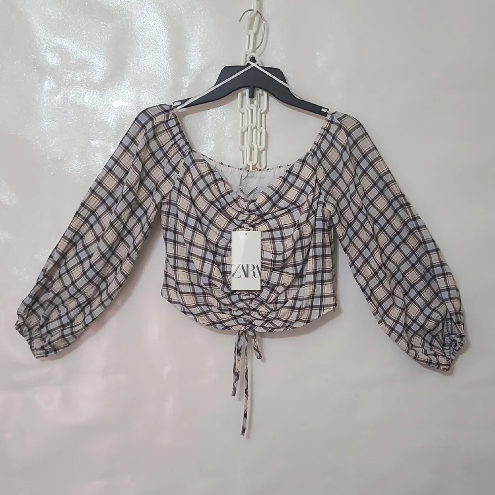 Zara Women's‎ Plaid Long Sleeve Crop Black & White Top Size Medium NEW WITH TAGS