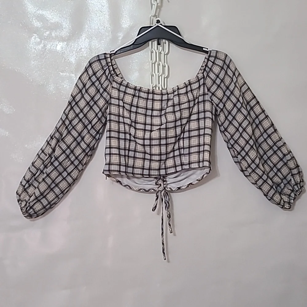 Zara Women's‎ Plaid Long Sleeve Crop Black & White Top Size Medium NEW WITH TAGS