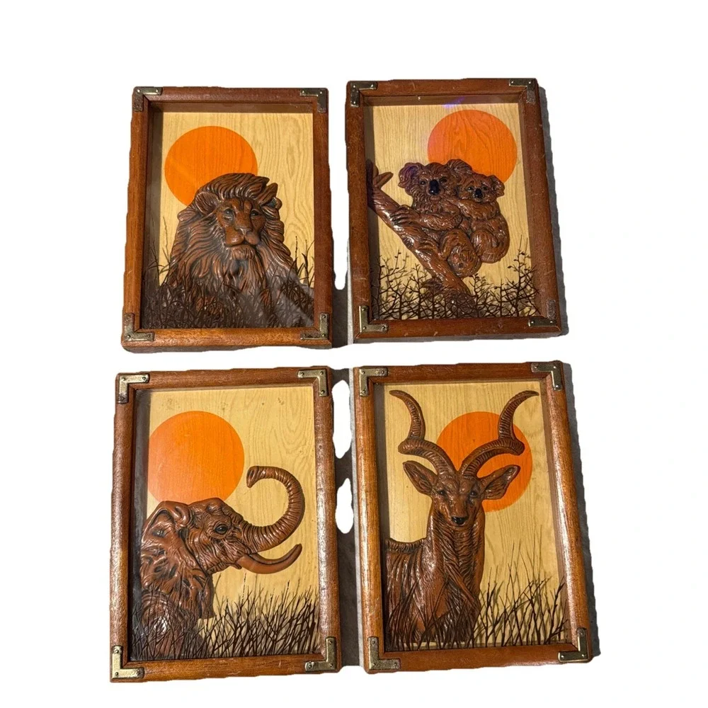 Vtg 1978 Wallace Berrie Animal Wood Art Set Of Four 3D 7.5