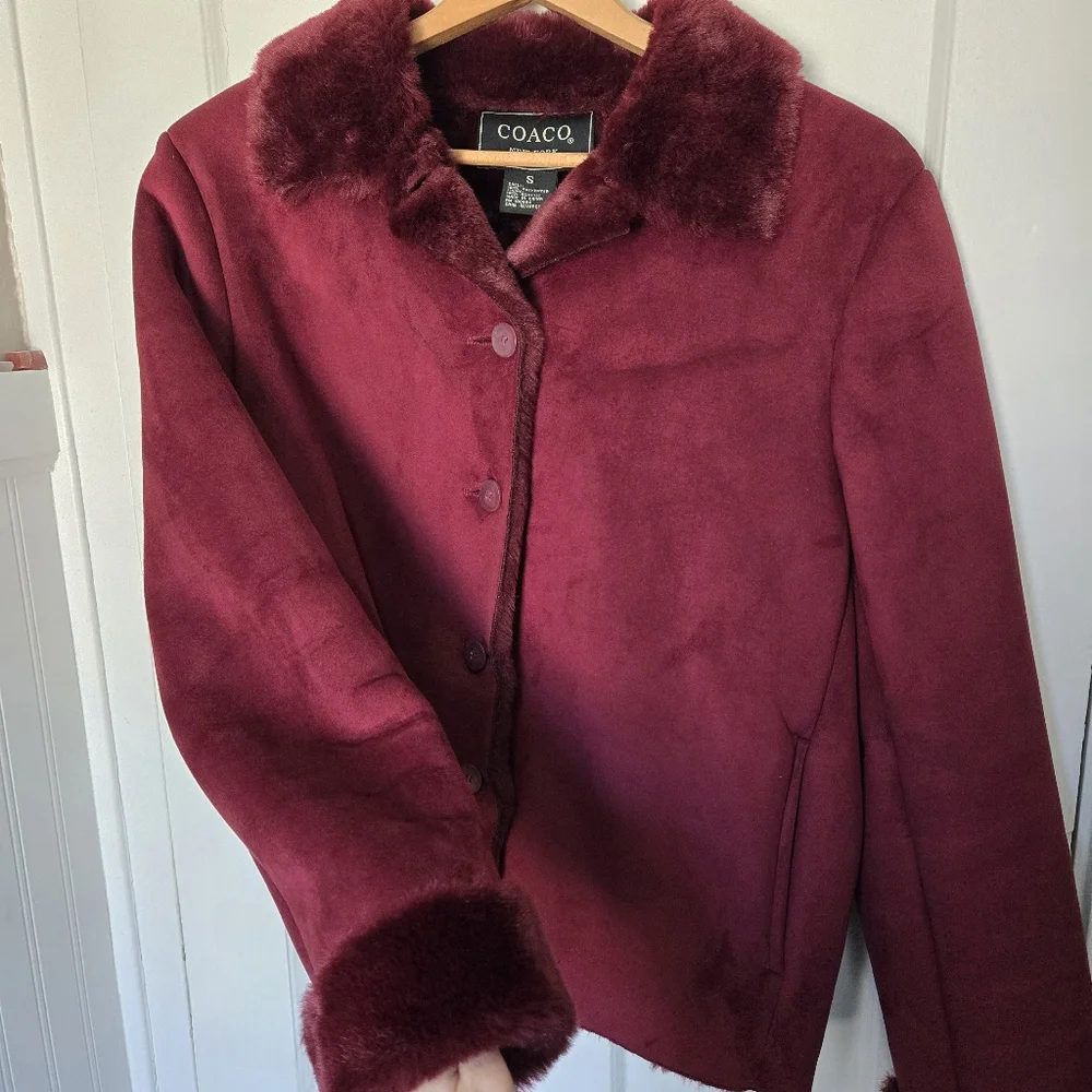 Coaco Women's Burgundy Penny Lane Coat Size S Faux Fur Trim Y2K Bratz Statement