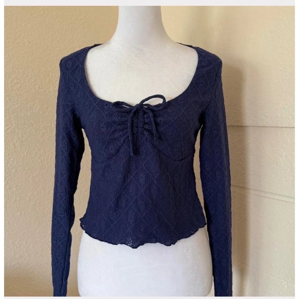 Cotton On Pointelle Tie Front Top Womens Small Navy Blue‎ Long Sleeve Fairycore