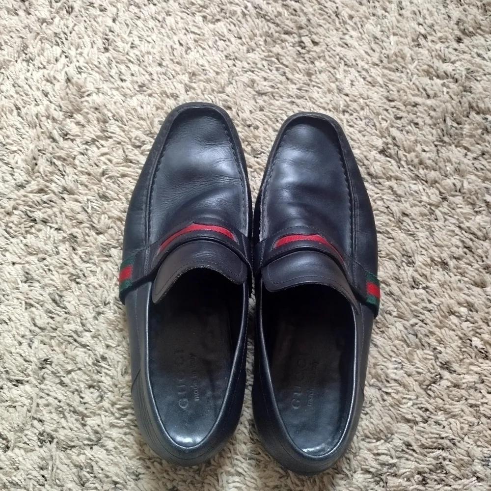 GUCCI FLAG Black Leather Boat Deck Loafers sz 9