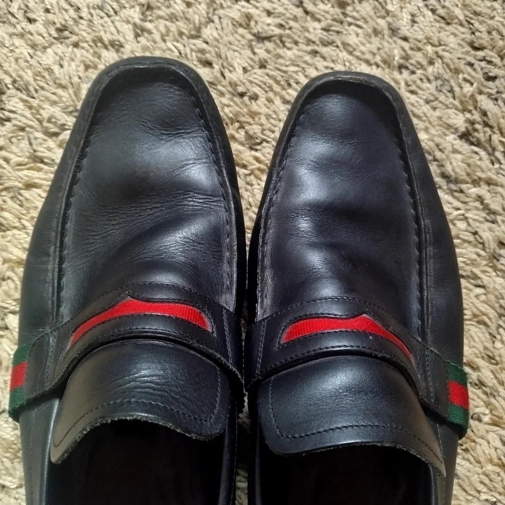 GUCCI FLAG Black Leather Boat Deck Loafers sz 9