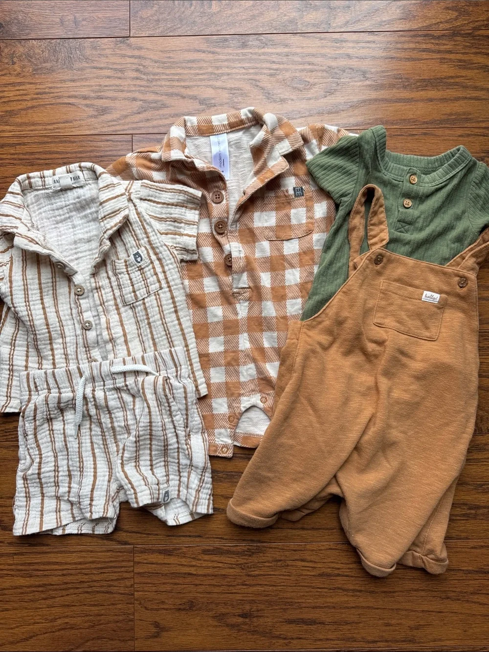 Neutral & Rust Baby Outfit Bundle — Green Romper + Plaid Top
