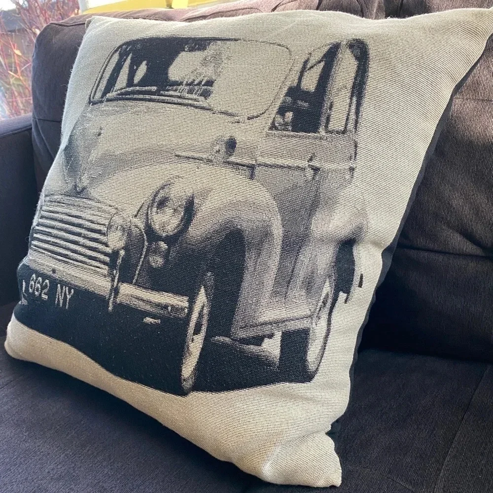 Rare Accent Pillow with Vintage Farm Truck Black and Cream 15” Rustic Farmhouse