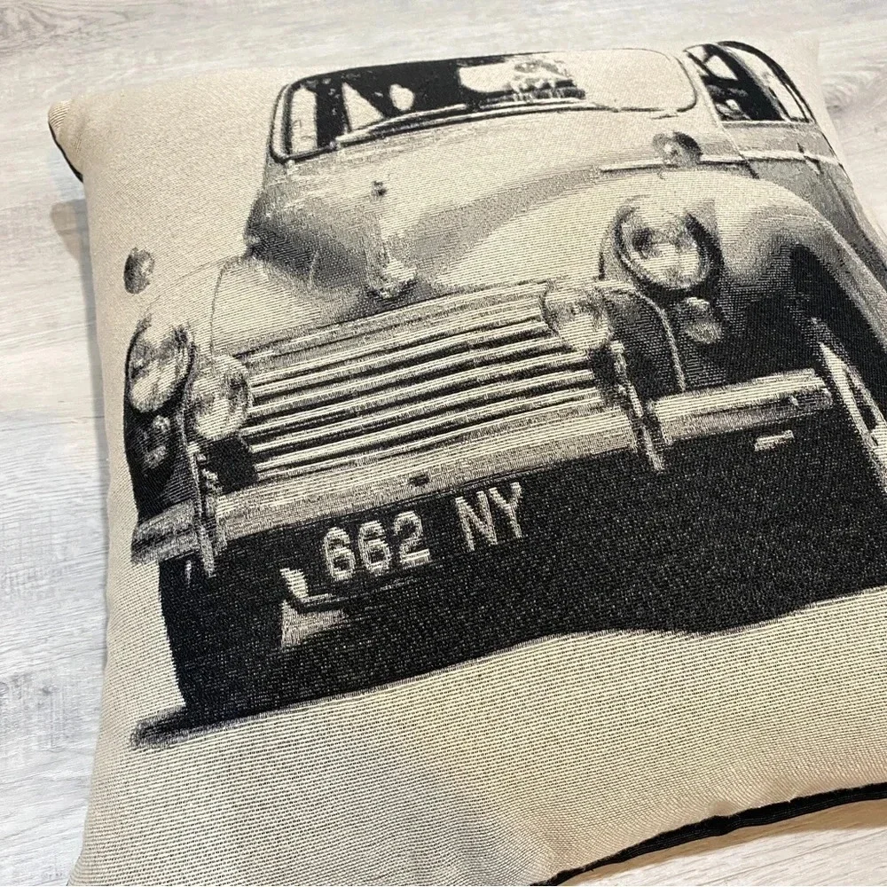 Rare Accent Pillow with Vintage Farm Truck Black and Cream 15” Rustic Farmhouse