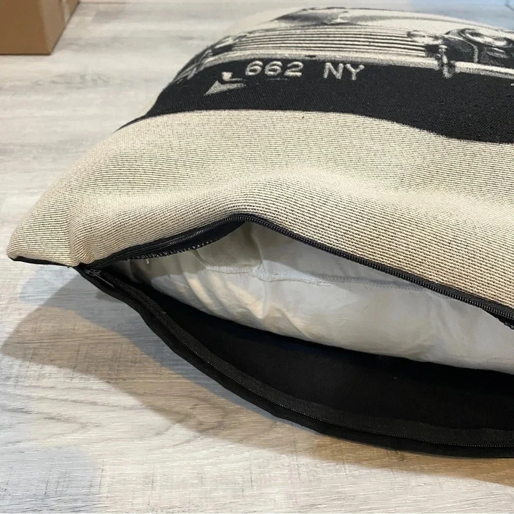 Rare Accent Pillow with Vintage Farm Truck Black and Cream 15” Rustic Farmhouse