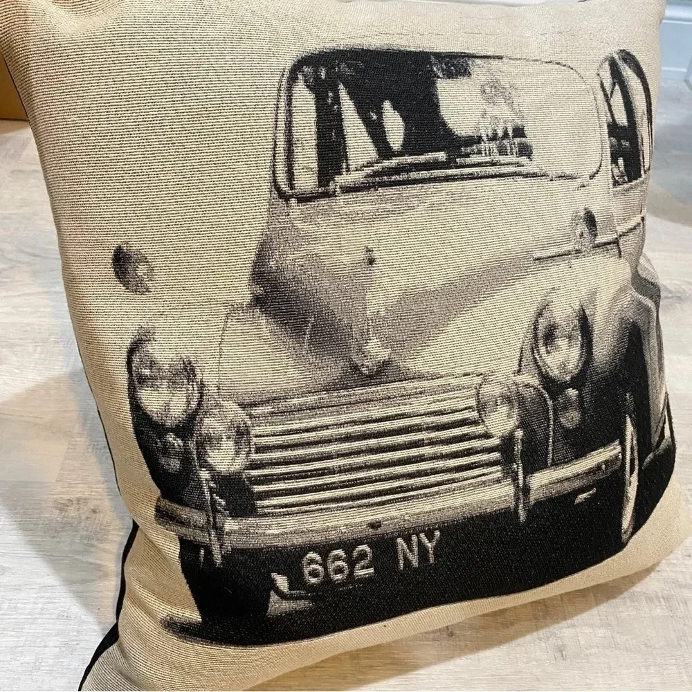 Rare Accent Pillow with Vintage Farm Truck Black and Cream 15” Rustic Farmhouse