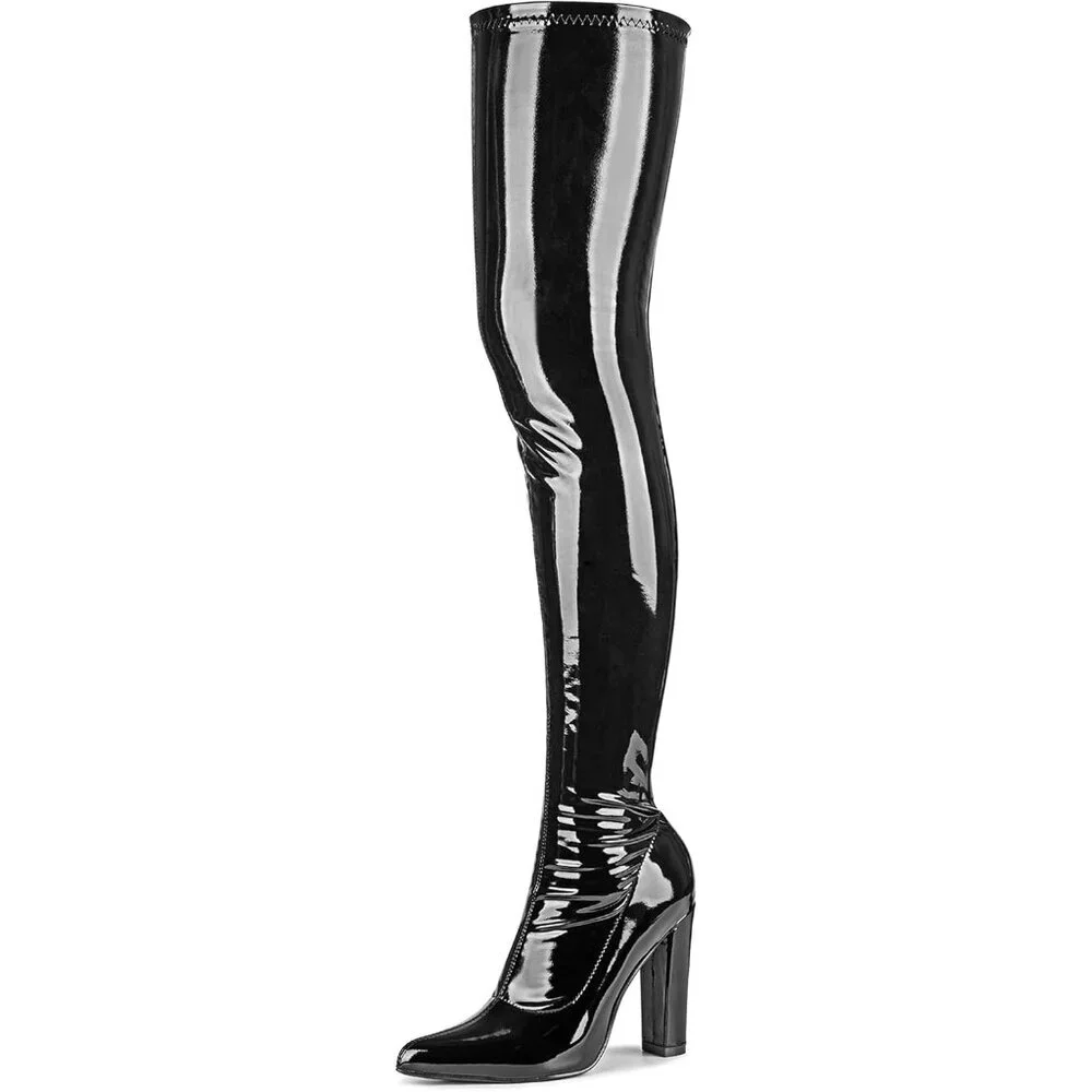 Women Black Patent Leather PU Over The Knee High Pointed Toe Long Tall Boots