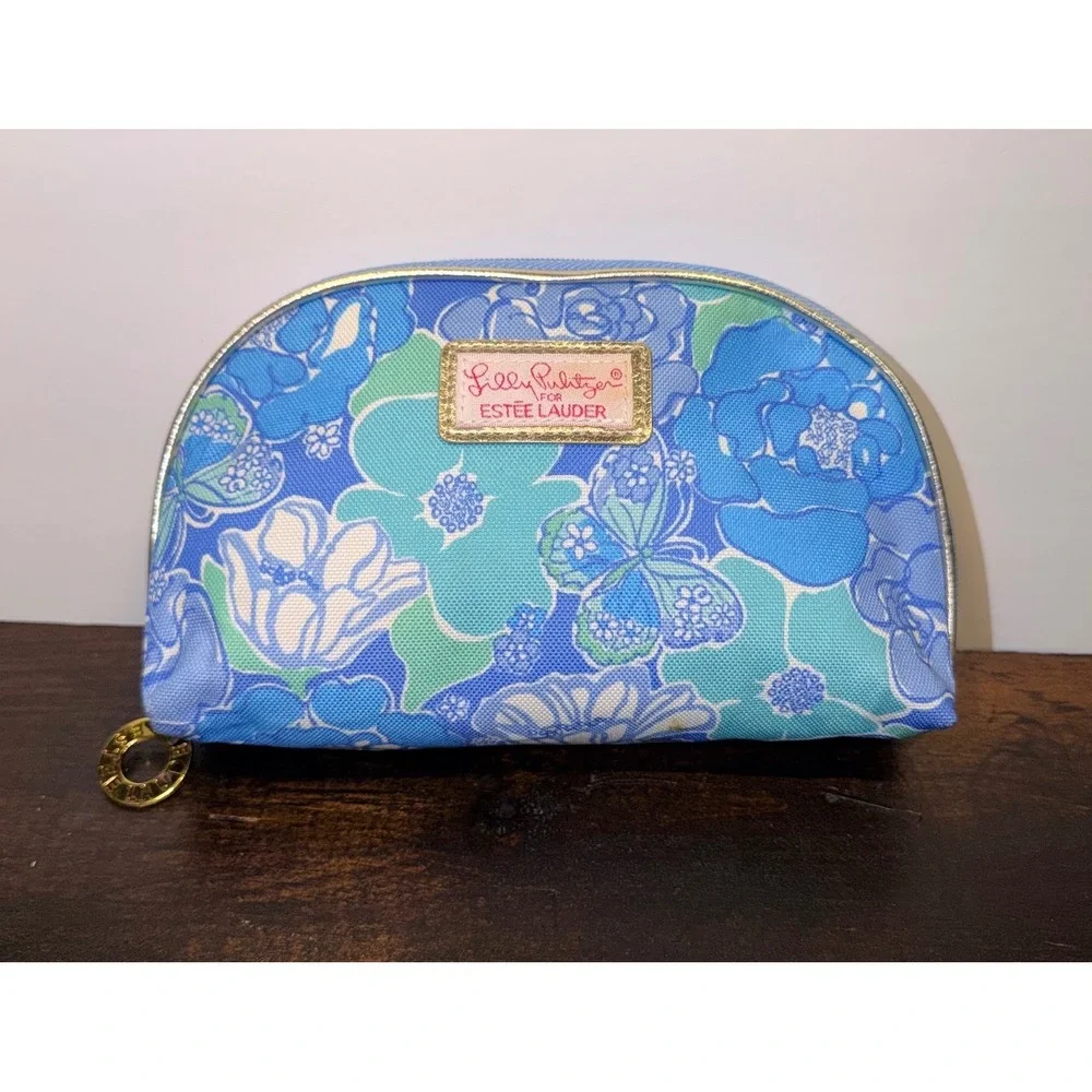 Lilly Pulitzer Estee Lauder Floral Butterfly Cosmetic Bag Blue Pink Makeup Pouch
