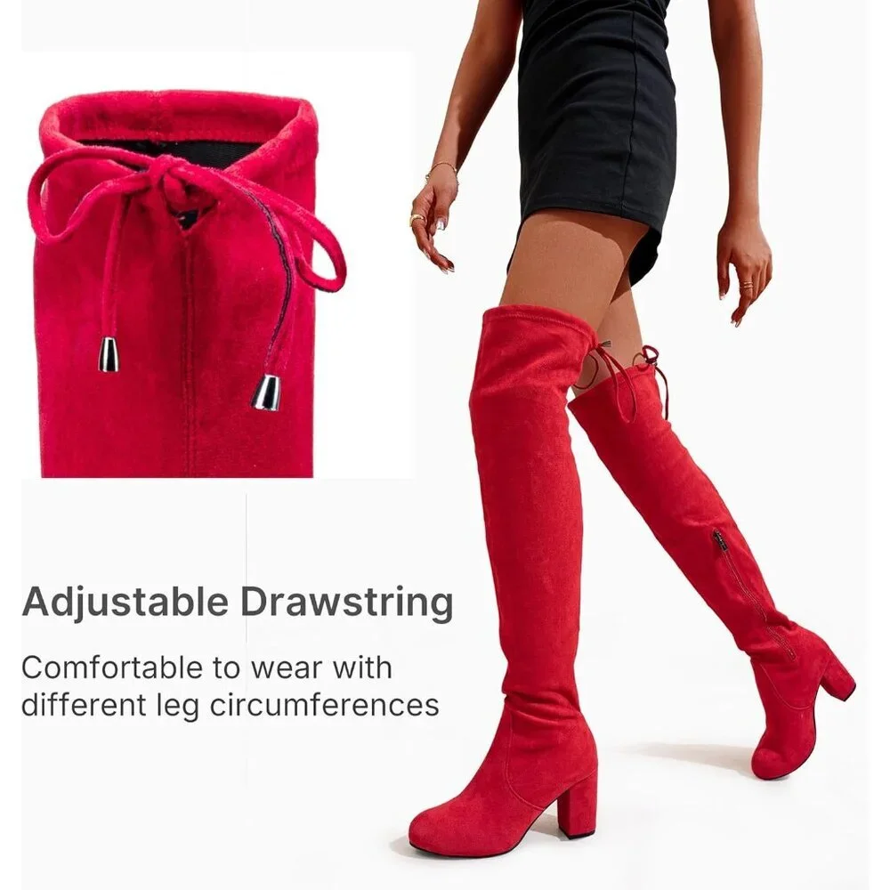 Women's Red Suede Chunky Heels Zipper Over The Knee High Adjustable Opening Boot