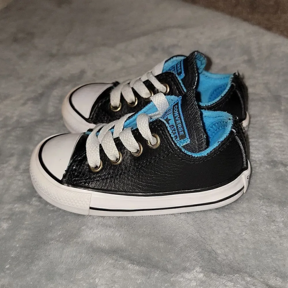 Converse All Stars Low Black Leather Blue Trim CTSA Shoes Baby Size 4