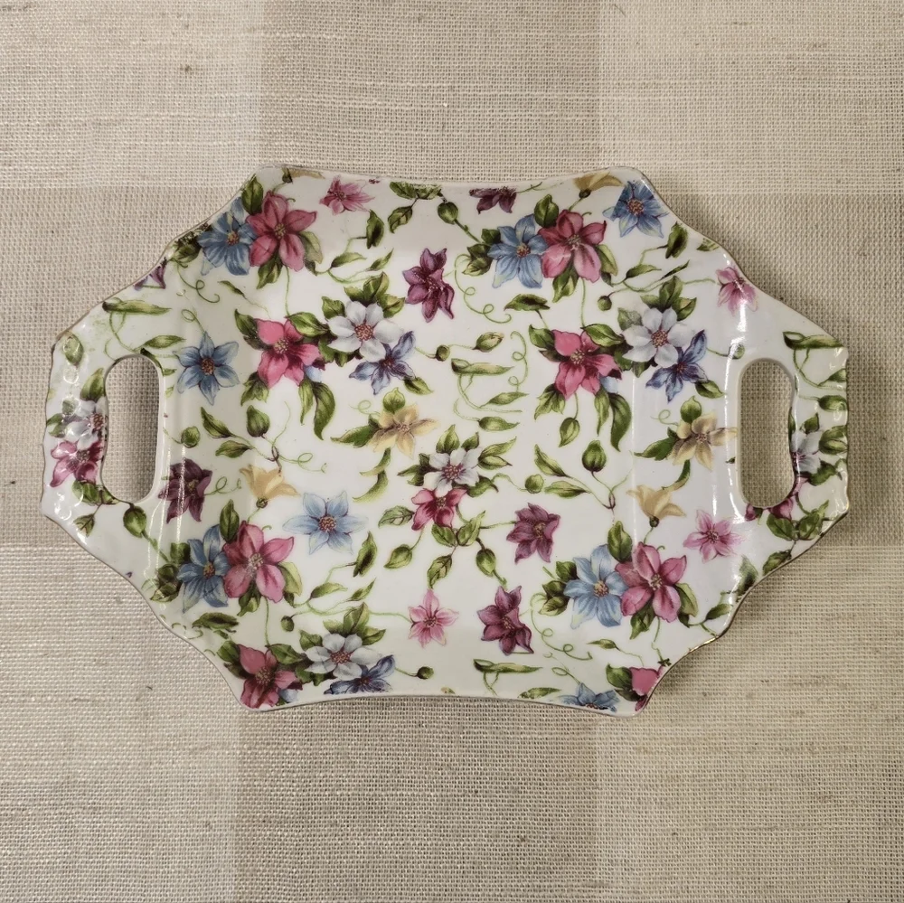 Vintage Porcelain Hand Painted Floral Small Trinket Vanity Tray Dish X 2