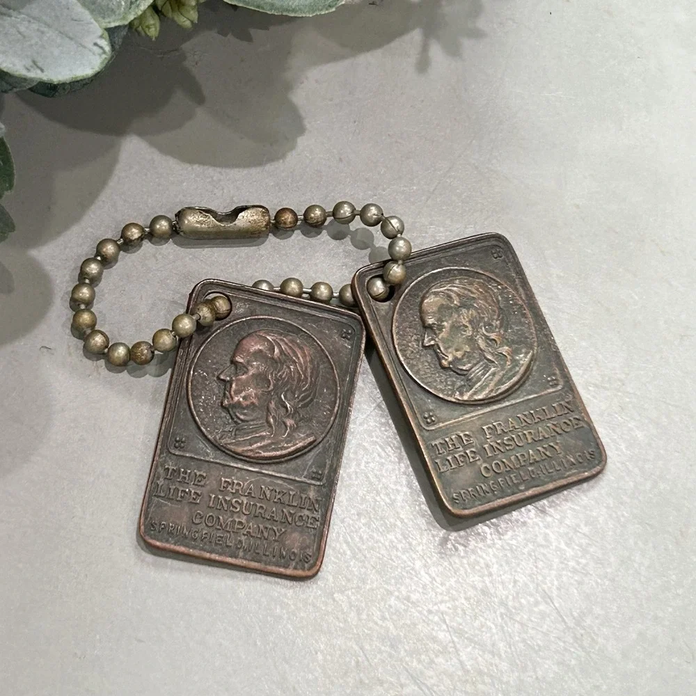 Vintage The Franklin Life Insurance Company Brass Key FOB- Whitehead Hoag- 2 PC
