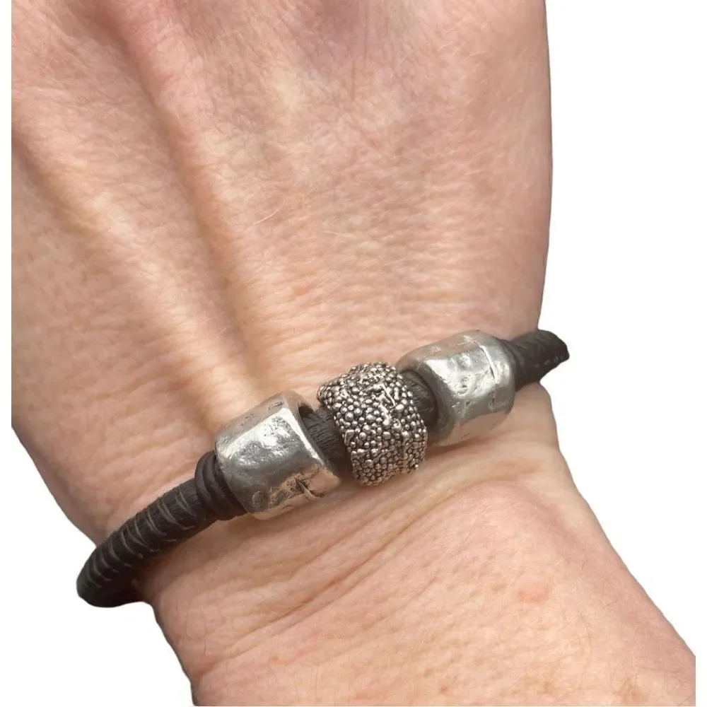 Lizzy James black leather and three silver beaded bracelet with hook clasp