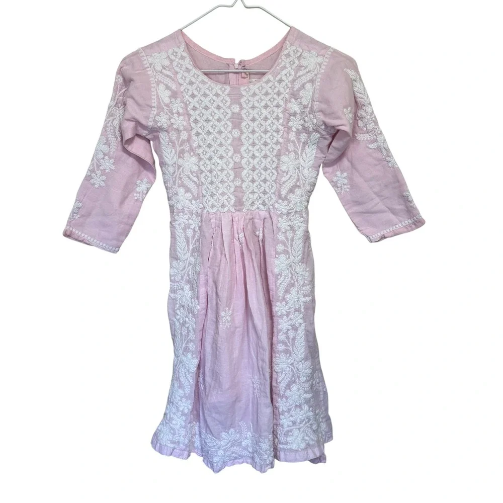 VTG Girls‎ Pink Cotton White Floral Embroidered Dress XL 14/16 Cottagecore Indie
