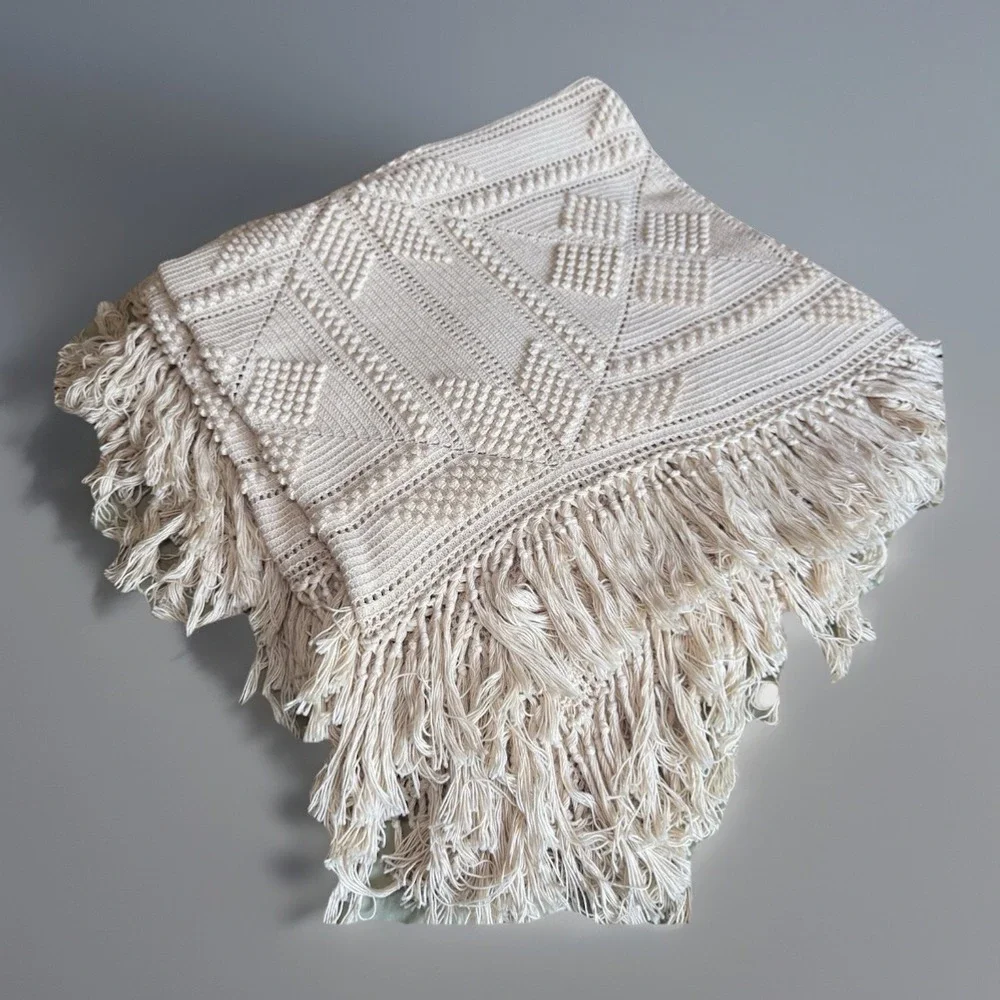 Historic Charleston Handmade Ecru Crochet Cotton QUEEN Blanket Star Popcorn Boho
