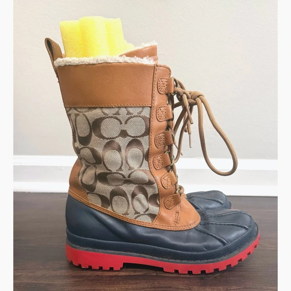 Coach Women's Laura Brown Leather Signature Monogram Lace Up Duck Boots Size 6.5