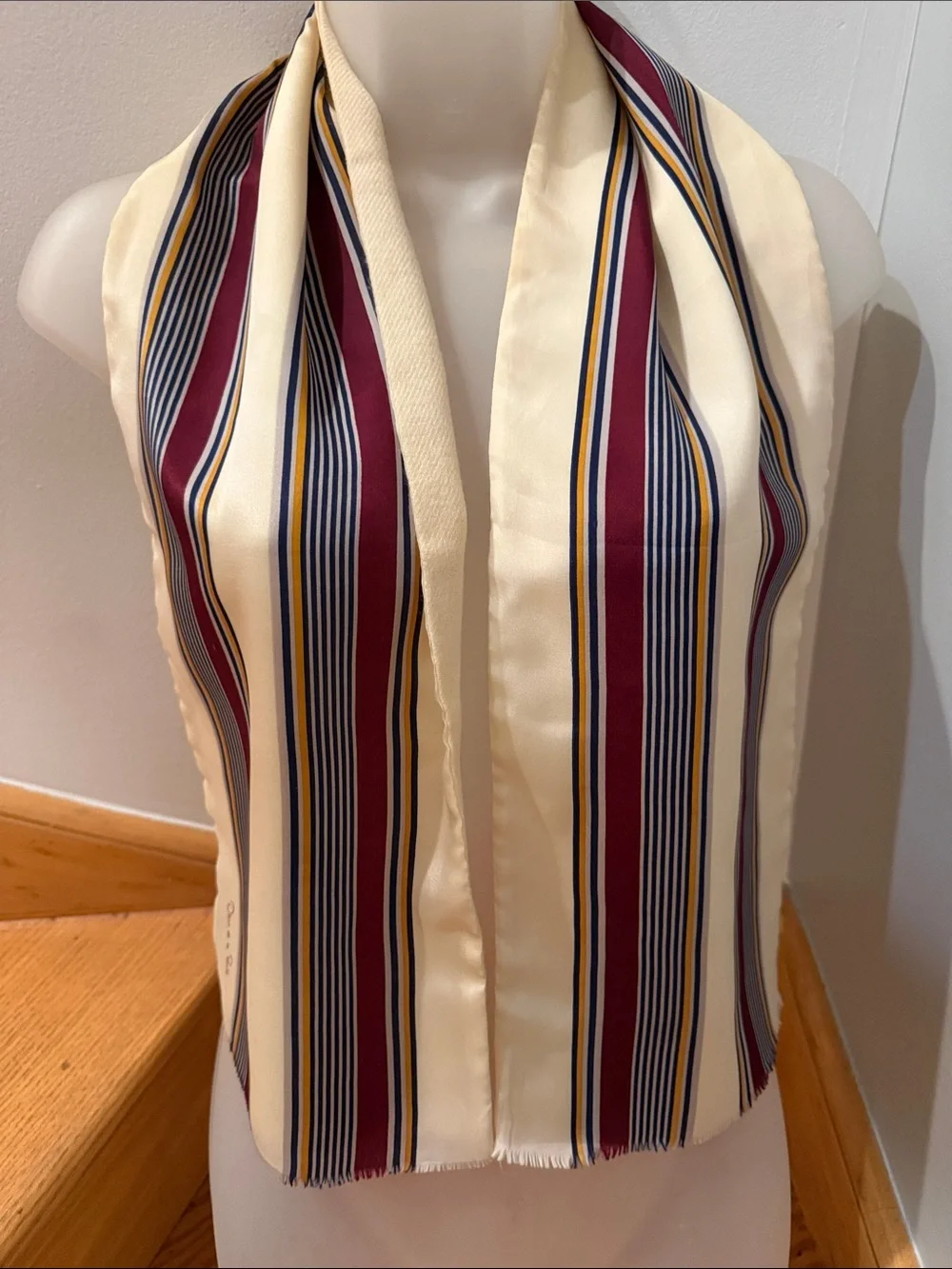 VTG Silk w/Wool lining Striped Opera Double-face Scarf Cream & Burgundy 1970s