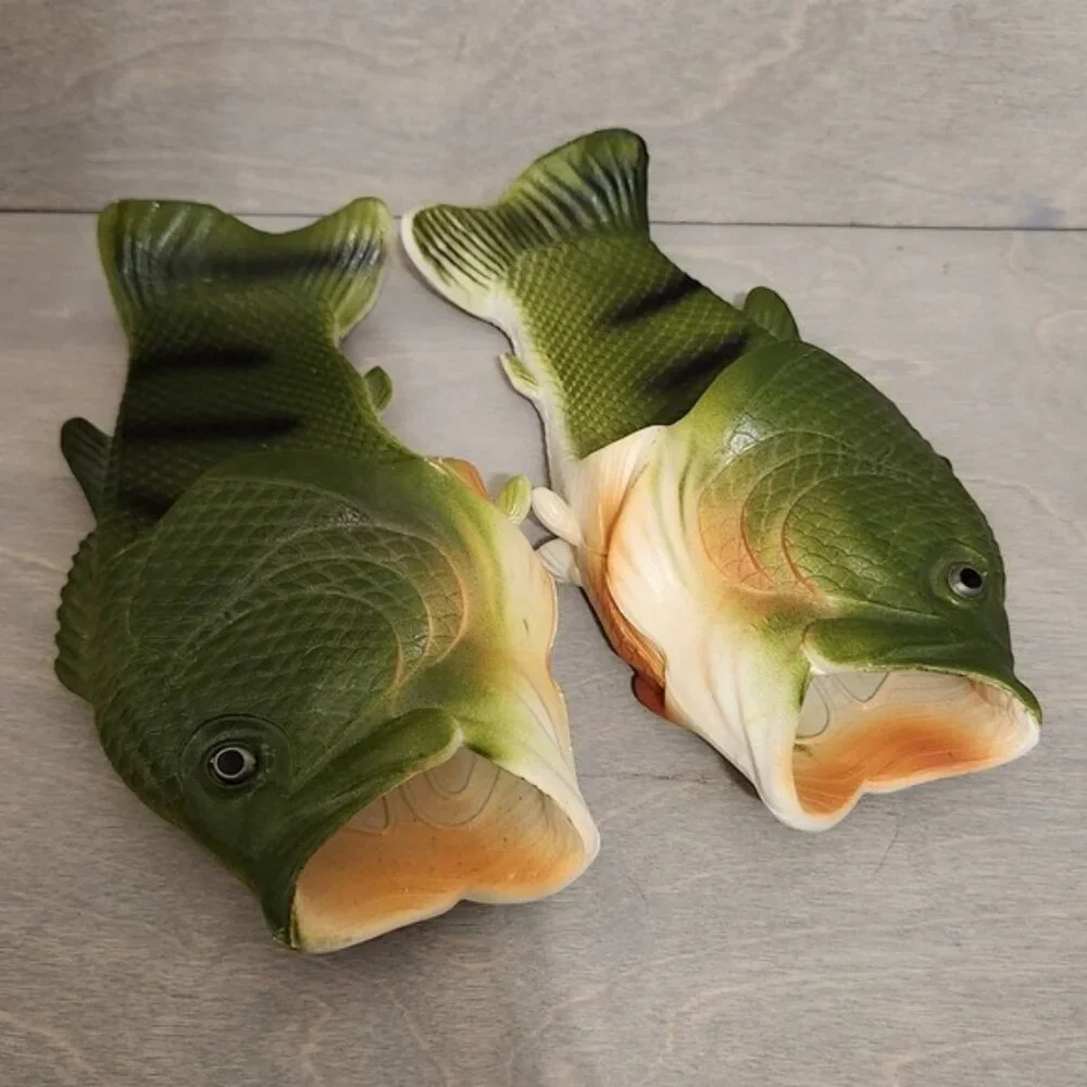 Bass Fish Slippers Sandals Novelty Funny‎ Summer Shoes Quirky Green Size 34/35