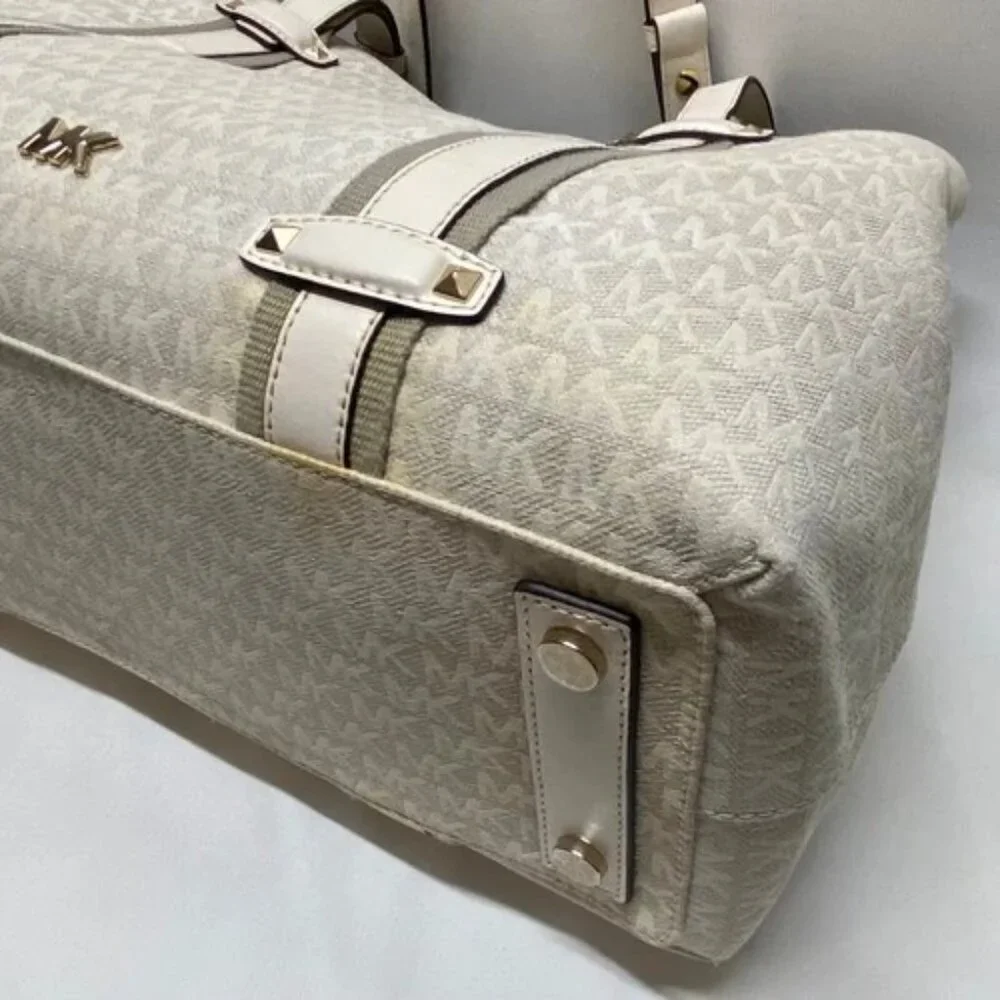 Michael Kors Griffin Large Logo Tote Natural Jacqard Canvas Leather Trim GUC‎