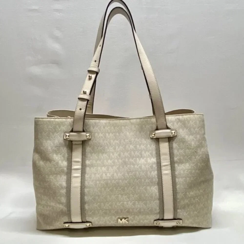 Michael Kors Griffin Large Logo Tote Natural Jacqard Canvas Leather Trim GUC‎