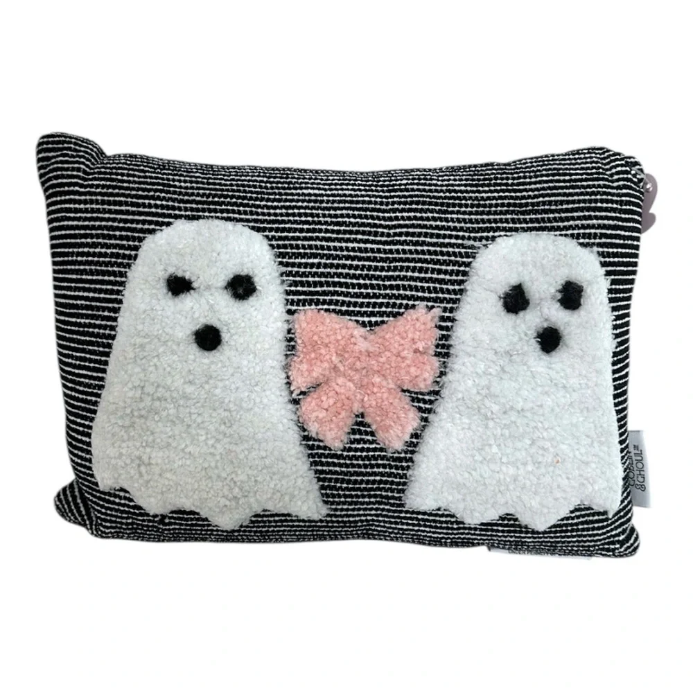 NWT Goblin & Ghoul Ghost Bow Black White Striped Decorative Throw Pillow Kitchy