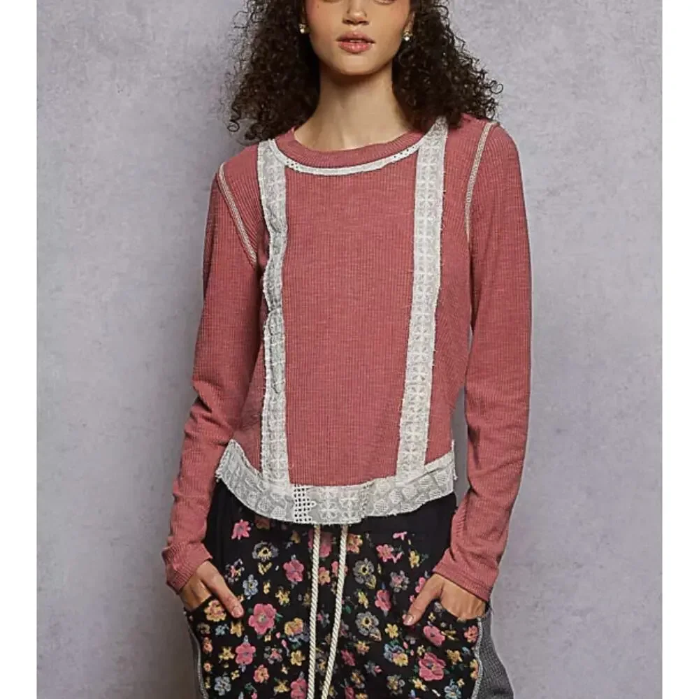 POL Long Sleeve Top Small Mauve Pink Ribbed Lace Trim Contrast Boho Cottagecore
