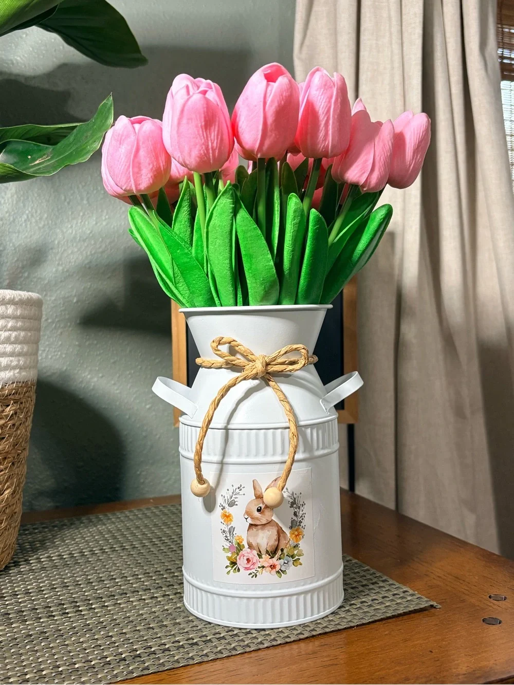 Pink Tulip Arrangement Bunny Metal Milk Can Vase Easter Spring Decor