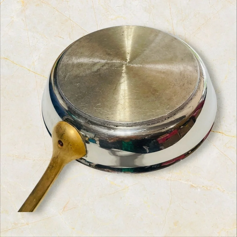 VTG Frying Pan 11” Stainless Steel Brass Handle Heavy - Great!