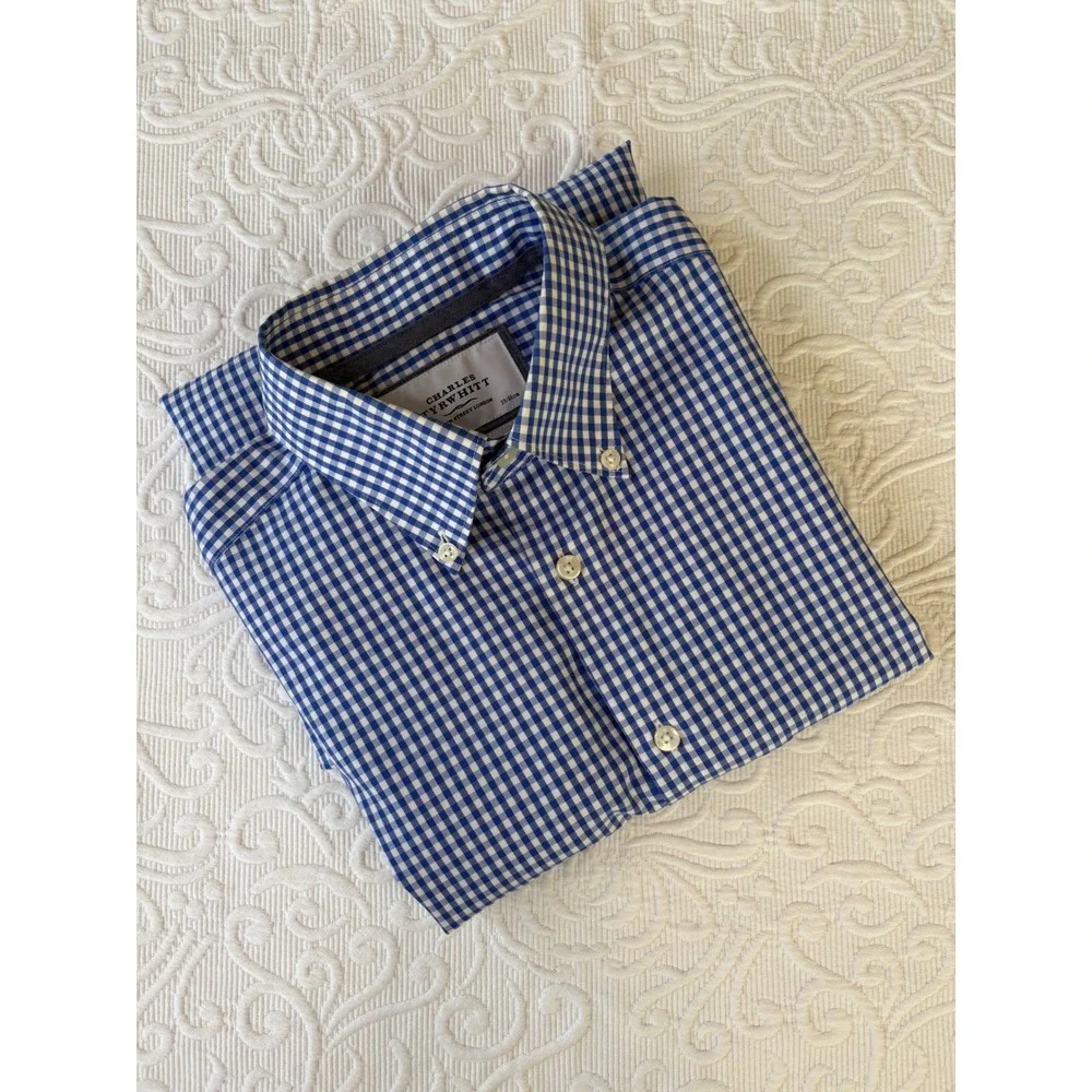 Charles‎ Tyrwhitt Non Iron Classic Fit Shirt Blue White Gingham 15.5 34 Mens