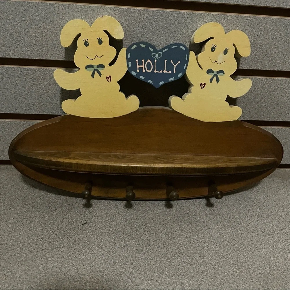 Vintage Bunny Rabbit Wood‎ Shelf With Pegs Coat Hooks Name HOLLY
