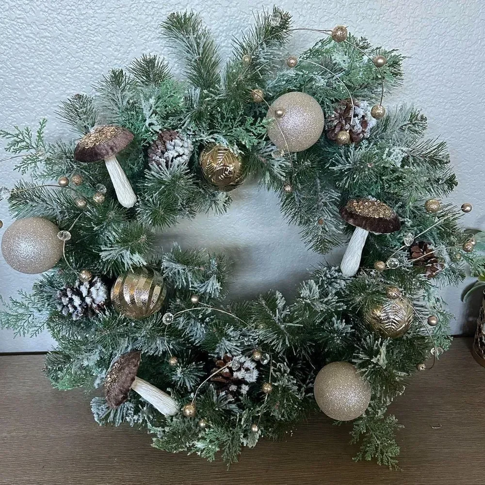 Velvet Sequin Mushroom & Glitter Berry Flocked Christmas Holiday Wreath