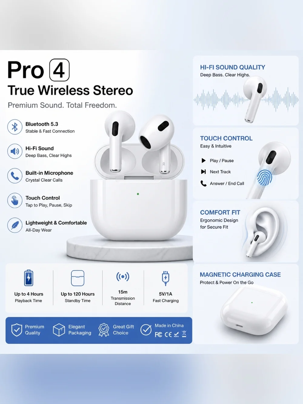 Pro 4 True Wireless Stereo Earbuds - White