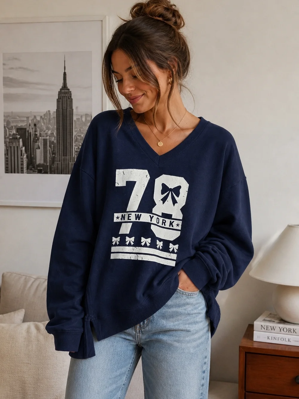 Navy V-Neck Graphic Sweater - New York Print NWT.
