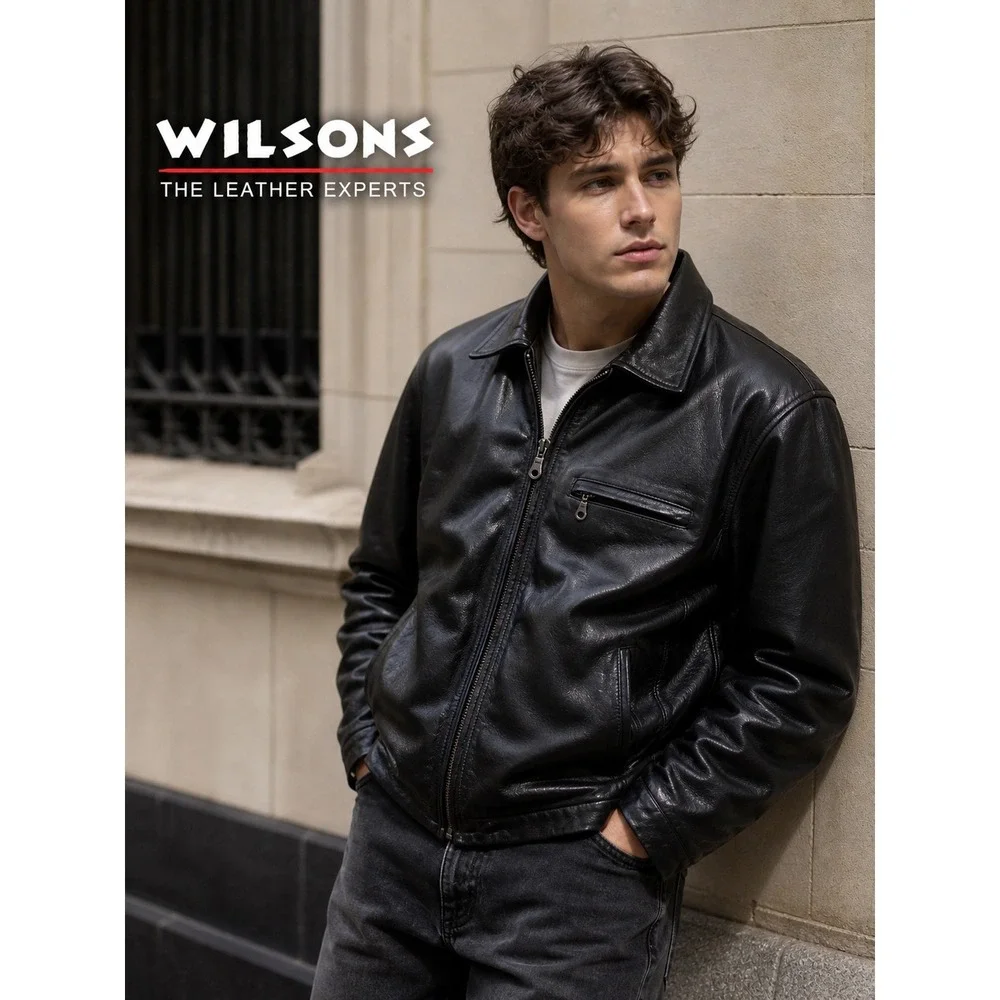 Wilsons Black Leather Zip Jacket Minimalist Classic Men's LT