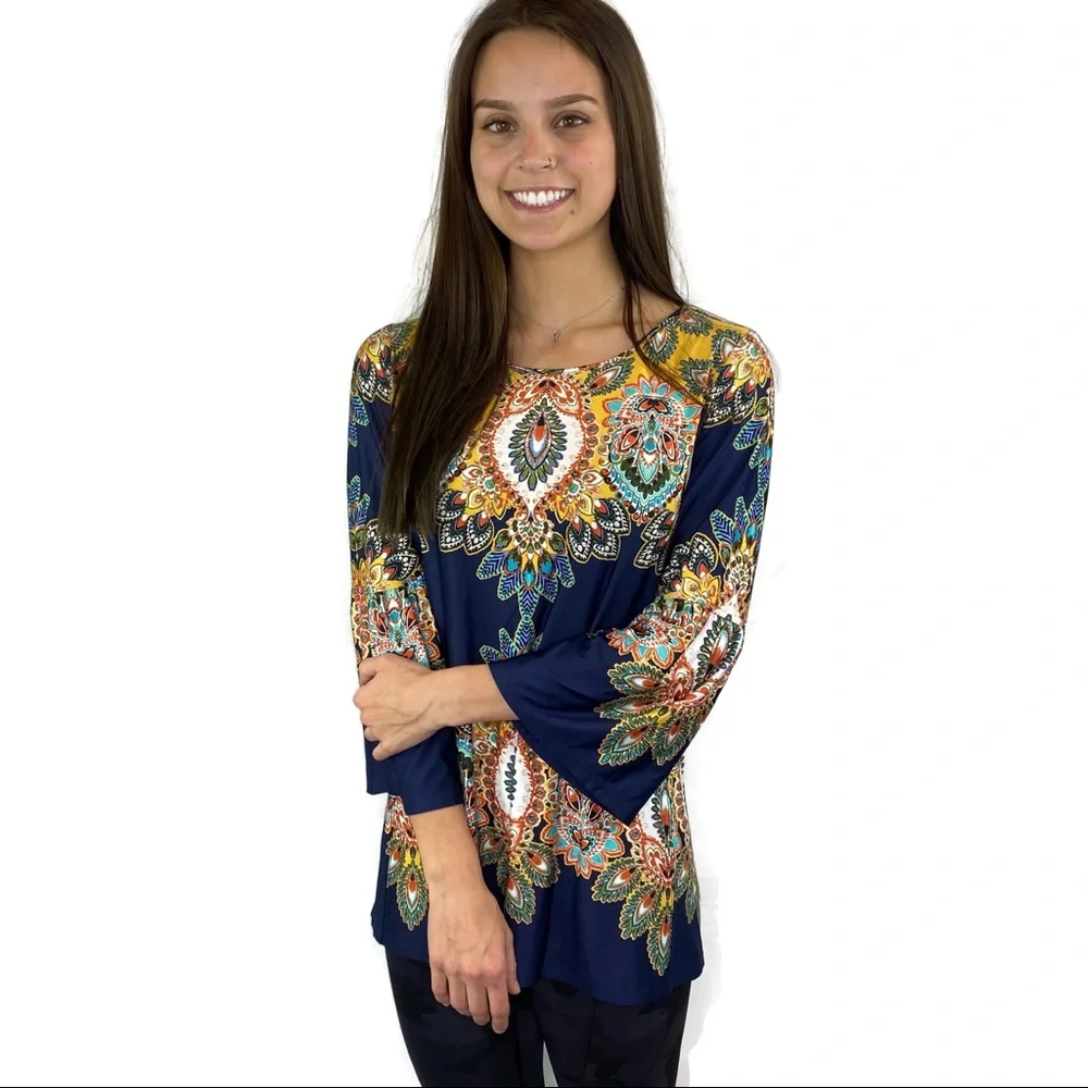 NWT Melissa Paige Boho Floral Peacock Top With Bell Sleeves Medium