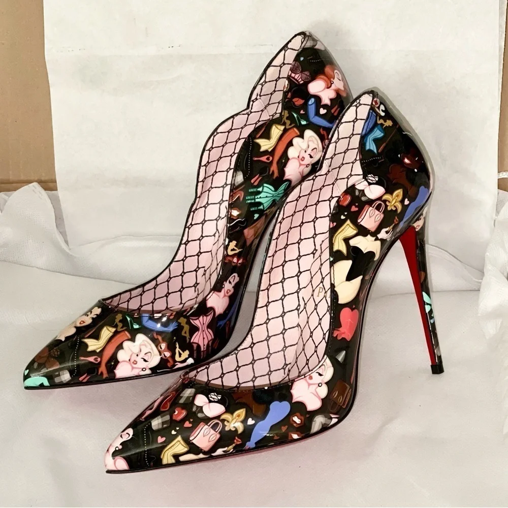 Christian Louboutin HotChick 100 pump Blk Patent Multi “Bored Lin Resille”EU38