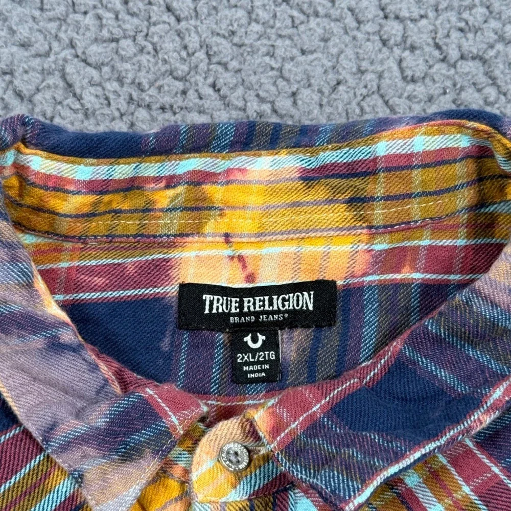 True Religion Shirt Mens 2XL Plaid Western Pearl Snap Rodeo Cowboy Acid Wash Y2K