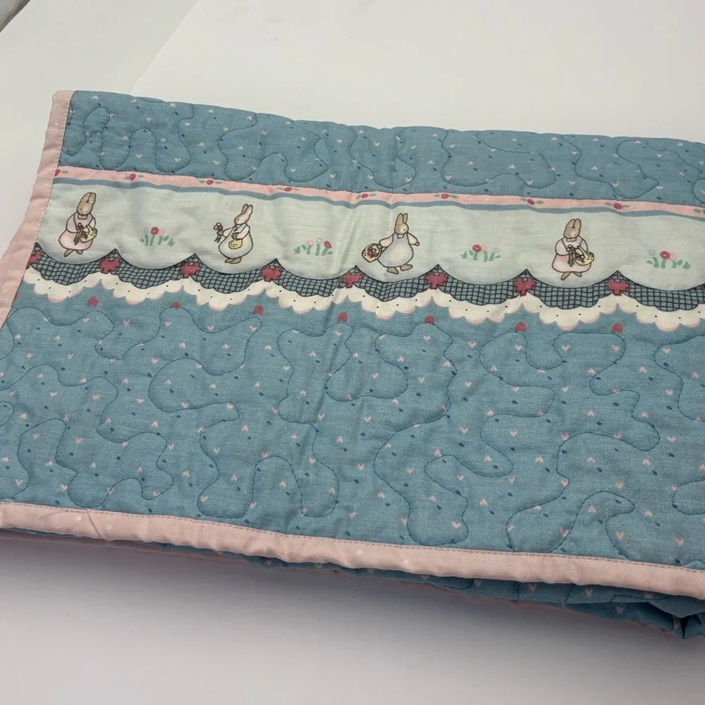 Adorable Pink and Baby Blue Quilted Bunny Trim Baby Blanket