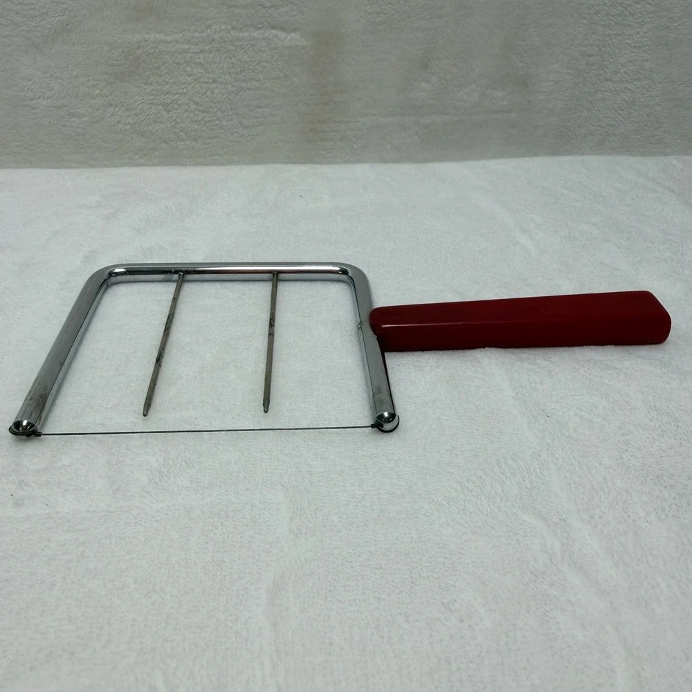 VTG MCM Red Bakelite Handle Cheese Slicer Stainless‎ Steel Wire Cutter MCM