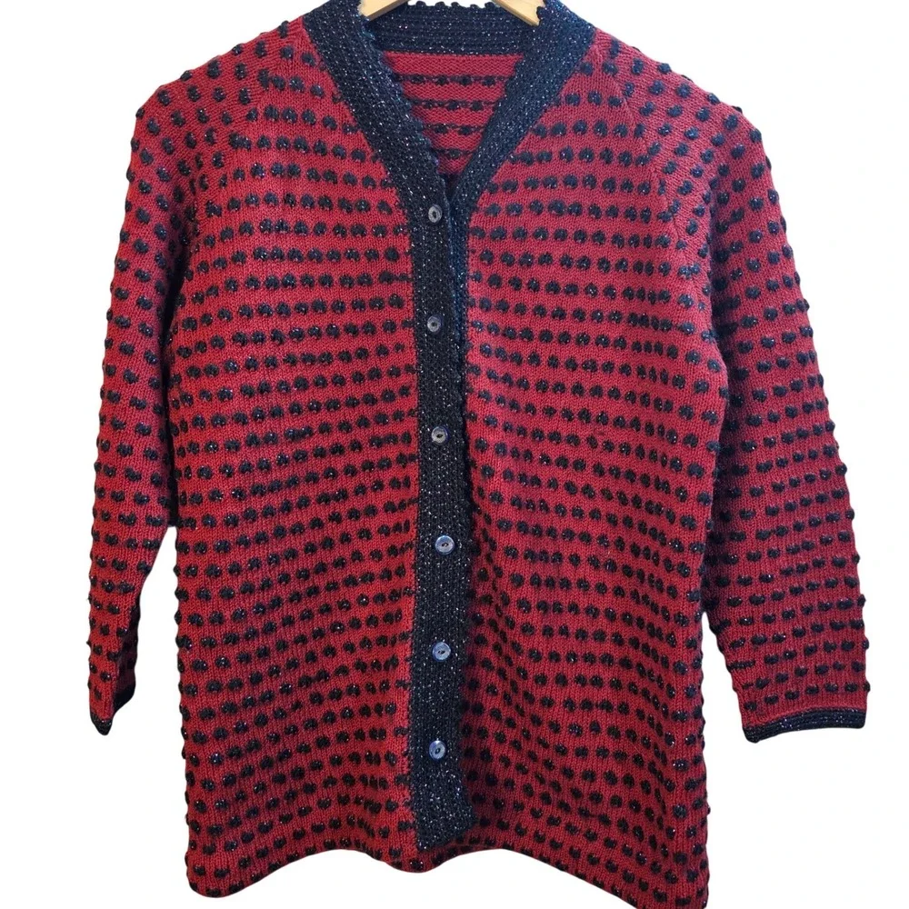Vintage‎ Red Black Metallic Knit Cardigan Sweater Polka Dot Button Front Shimmer