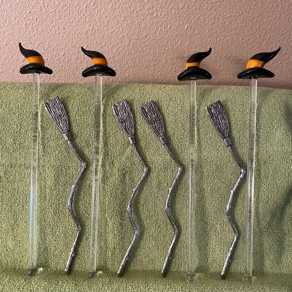 Blown Glass Witch Hat Stir Sticks Metal Broom Stir Sticks lot of 8!