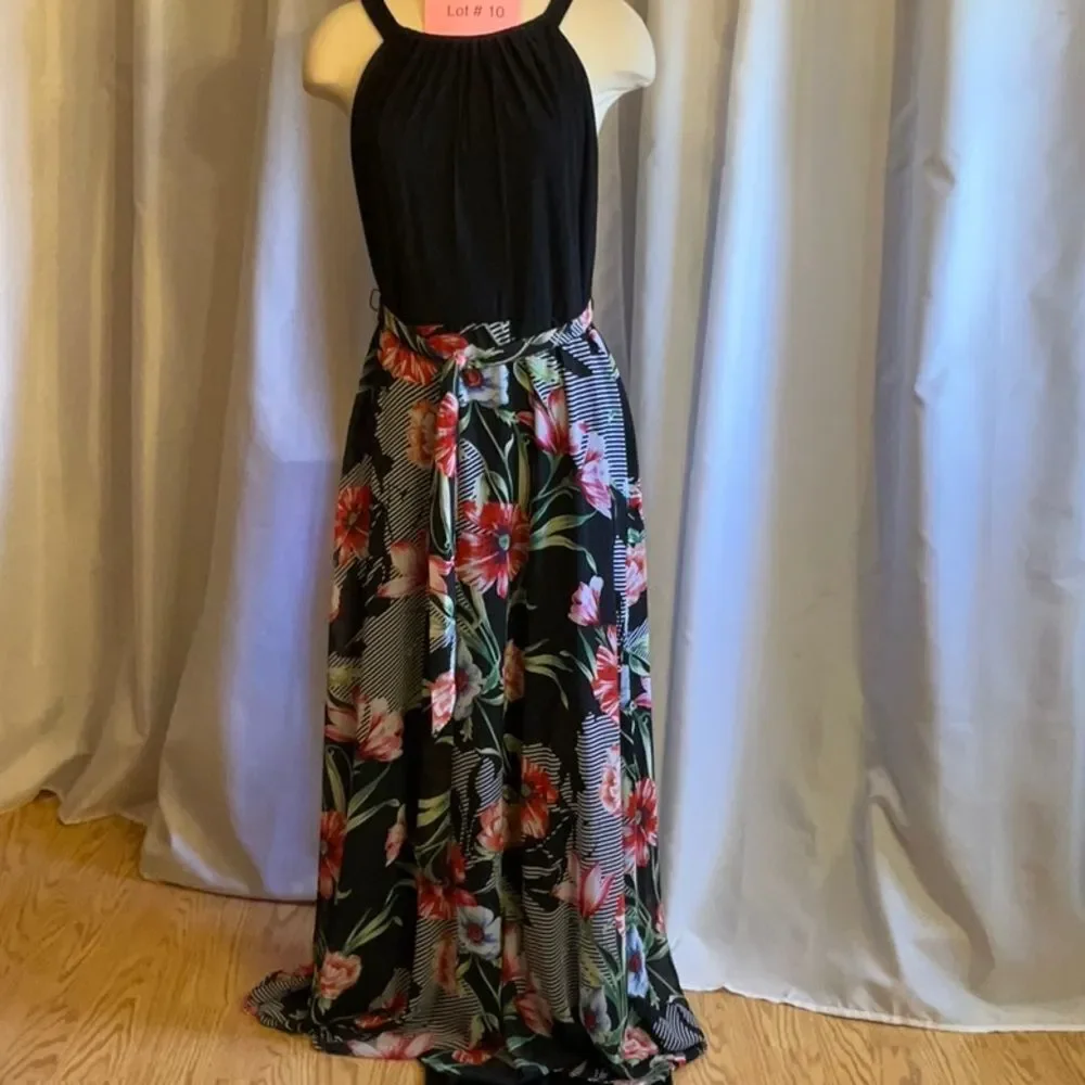 Maxi dress with halter style top, boldly flower skirt matching belt size 10