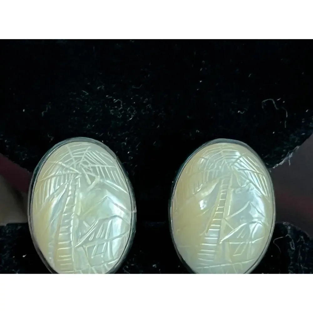 VTG Carved Mother of Pearl Sterling Silver Cufflinks Palm Tree Asian Beachy