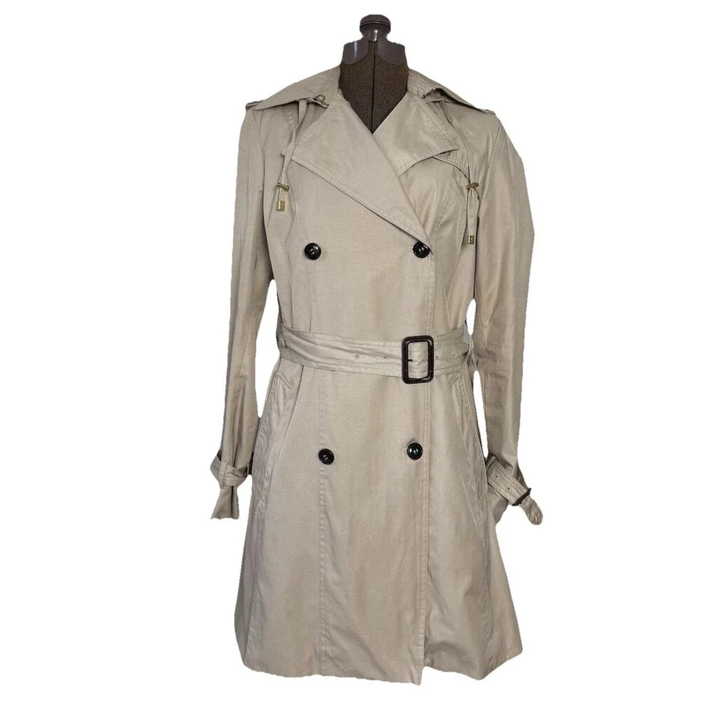 Cole Haan Hooded Trench Coat Beige Double Breasted Belted Medium