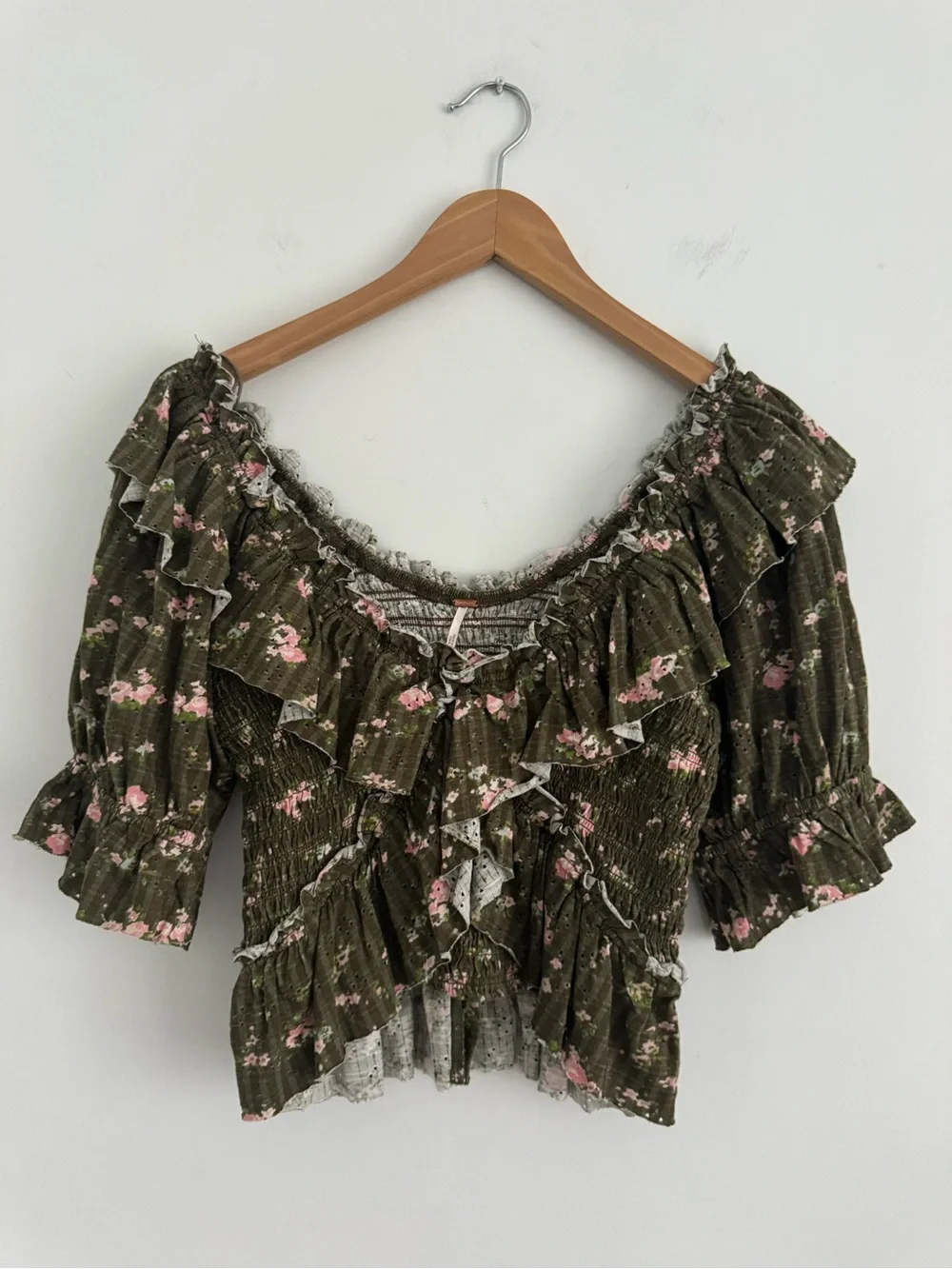Free People Olive Floral Ruffle Smocked Crop Top